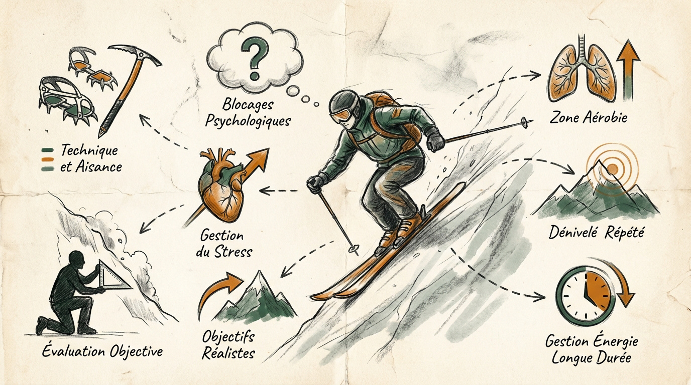 Alpiniste effectuant un diagnostic technique en haute montagne