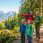 Guide randonnée : bien préparer votre aventure en famille Famille en randonnée sur un sentier boisé. Le père pointe des montagnes enneigées au loin, la mère tient une carte. Enfants émerveillés.