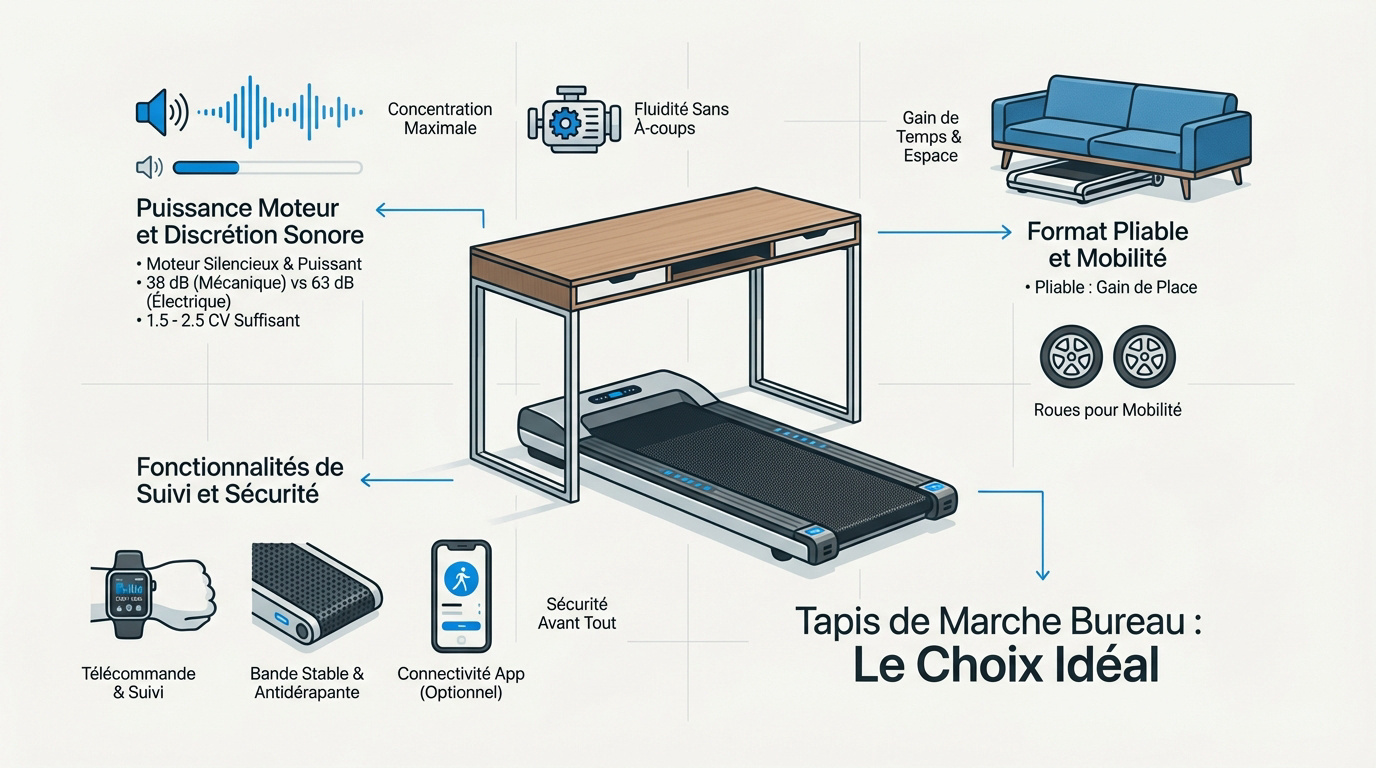 Infographie comparative pour choisir le meilleur tapis de marche de bureau pliable et silencieux
