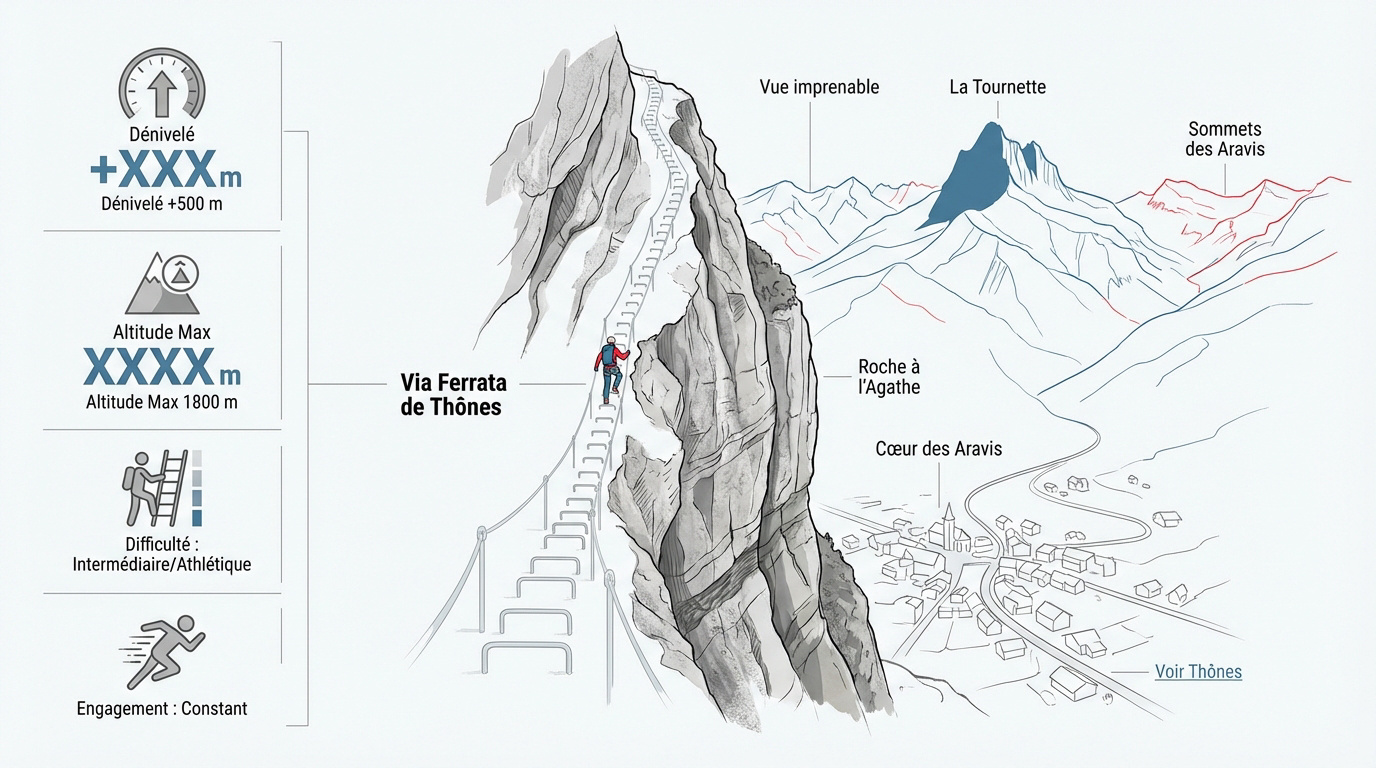 Infographie altitude et d&eacute;nivel&eacute; via ferrata Th&ocirc;nes