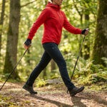 Femme pratiquant la marche nordique sur un sentier forestier ensoleillé, vêtue d'une veste rouge et utilisant des bâtons.