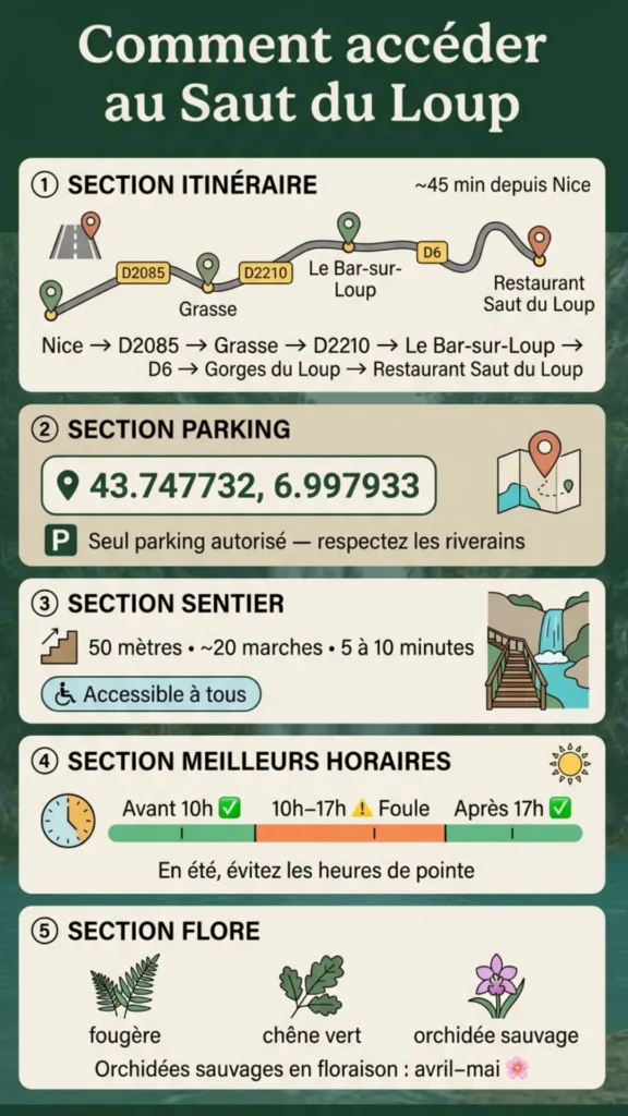 Infographie pratique : itin&eacute;raire depuis Nice, coordonn&eacute;es GPS du parking, sentier d'acc&egrave;s et meilleurs horaires pour visiter les cascades du Saut du Loup dans les Gorges du Loup