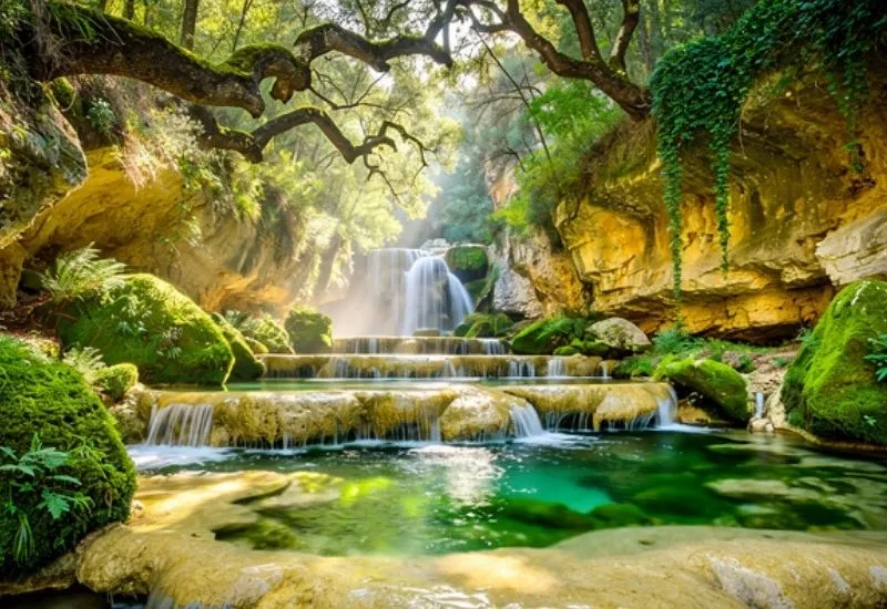 Cascades du Saut du Loup, dites Cascades des Demoiselles, dans les gorges du Loup &ndash; succession de bassins aux eaux &eacute;meraude encadr&eacute;s de roches calcaires couvertes de mousse et de v&eacute;g&eacute;tation m&eacute;diterran&eacute;enne, Alpes-Maritimes