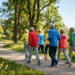 Groupe de six seniors, vêtus de tenues de sport colorées, marche activement sur un sentier en forêt par une journée ensoleillée.