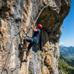 Réussir la via ferrata de Thônes en 2026 exige une grande agilité. Homme en casque rouge escaladant une via ferrata rocheuse. Paysage alpin avec vallées vertes et ciel bleu à l'arrière-plan.