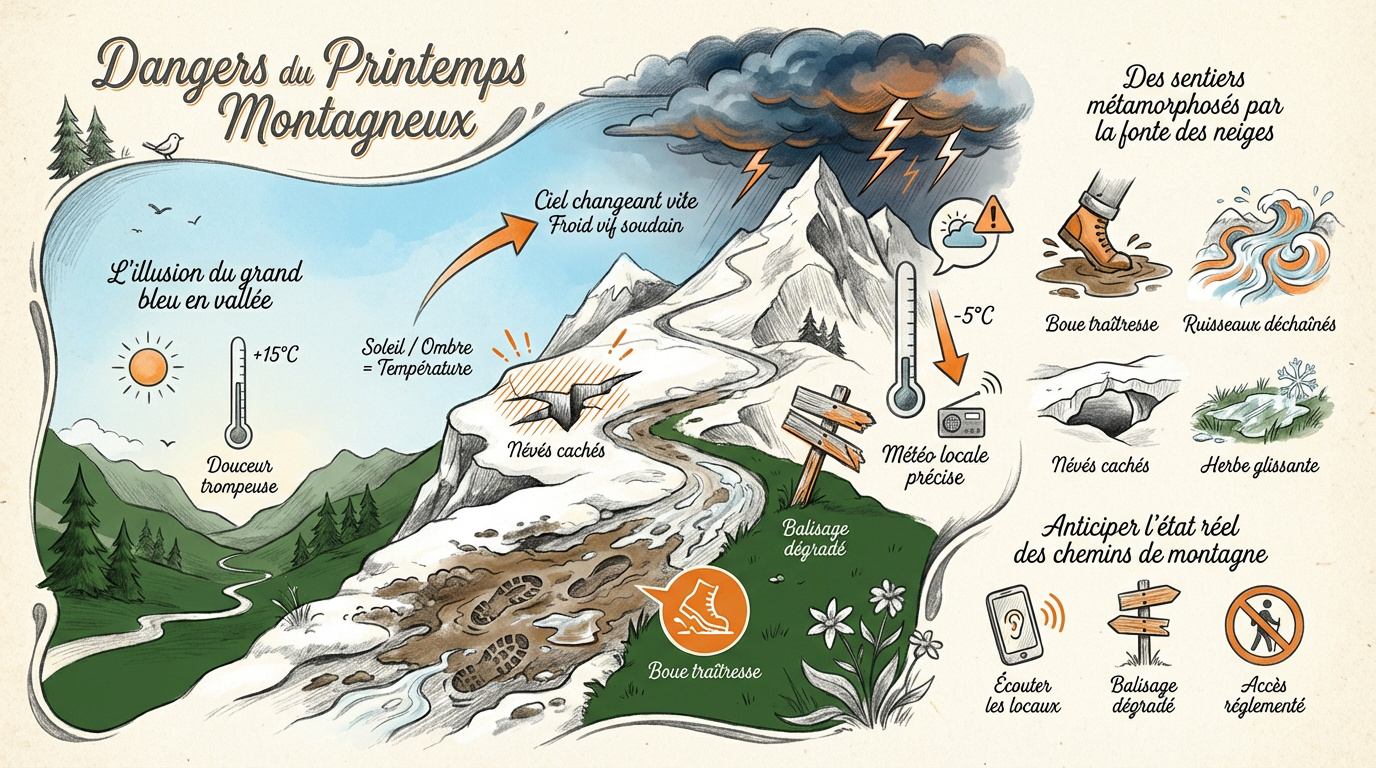 Infographie des dangers de la randonn&eacute;e printani&egrave;re en montagne