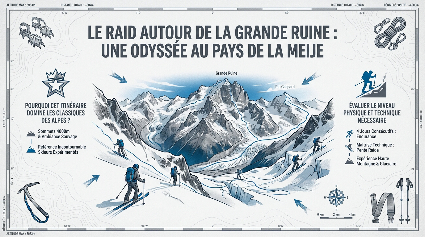 Infographie d&eacute;taillant les &eacute;tapes du raid &agrave; ski autour de la Grande Ruine dans le massif de la Meije