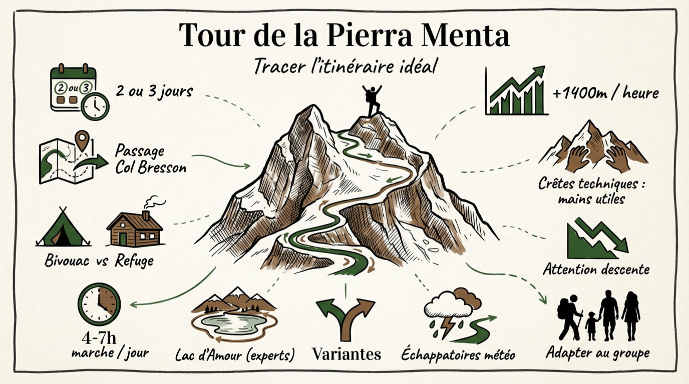 Infographie conseil pour planifier l'itin&eacute;raire du tour de la Pierra Menta en ski de randonn&eacute;e