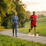 Marche ou course : quel sport pour votre santé ? Person walking on a scenic trail, promoting health benefits of walking versus running