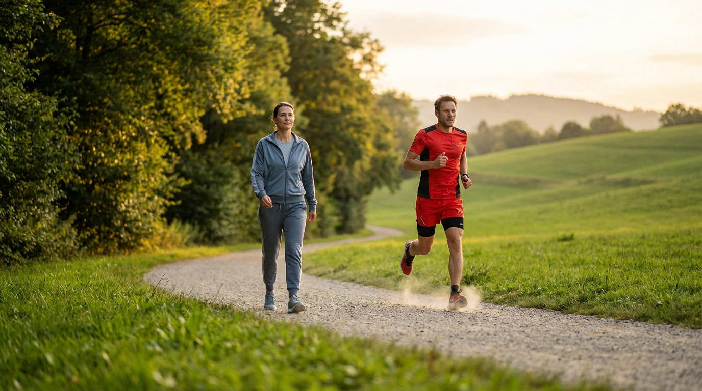 Person walking on a scenic trail, promoting health benefits of walking versus running