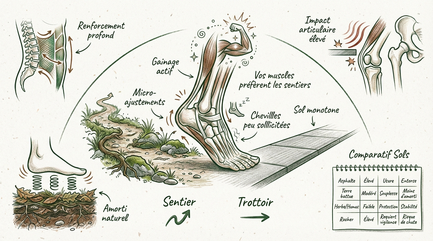Comparaison des bénéfices musculaires entre la marche sur sentier naturel et sur trottoir urbain