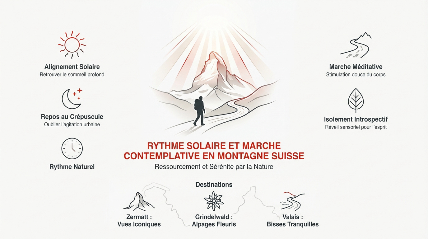 Randonneur contemplant les Alpes suisses au lever du soleil pour un ressourcement total