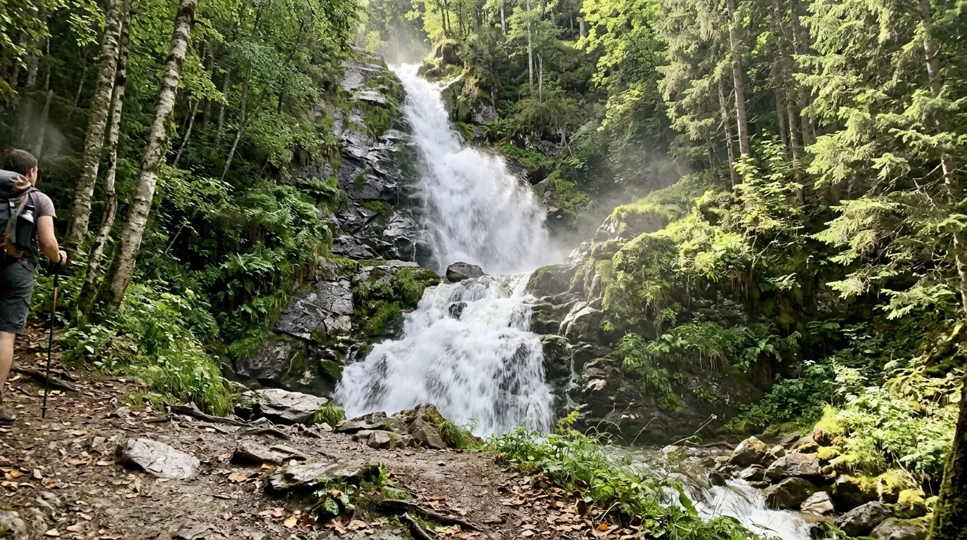 Randonneurs observant une cascade dans une forêt dense.