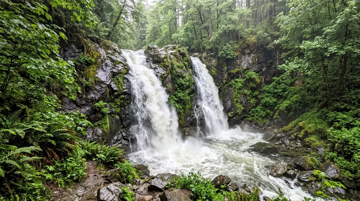 Deux cascades blanches dans for&ecirc;t verte luxuriante