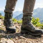 Choisir ses chaussures de randonnée : les modèles 2026 Randonneur marchant sur un sentier montagneux avec des bottes techniques dotées d'un système de serrage rapide.