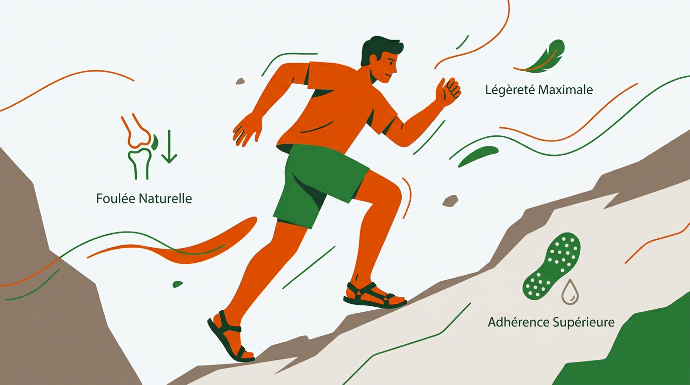 Coureur de trail utilisant des sandales minimalistes en pleine montée technique