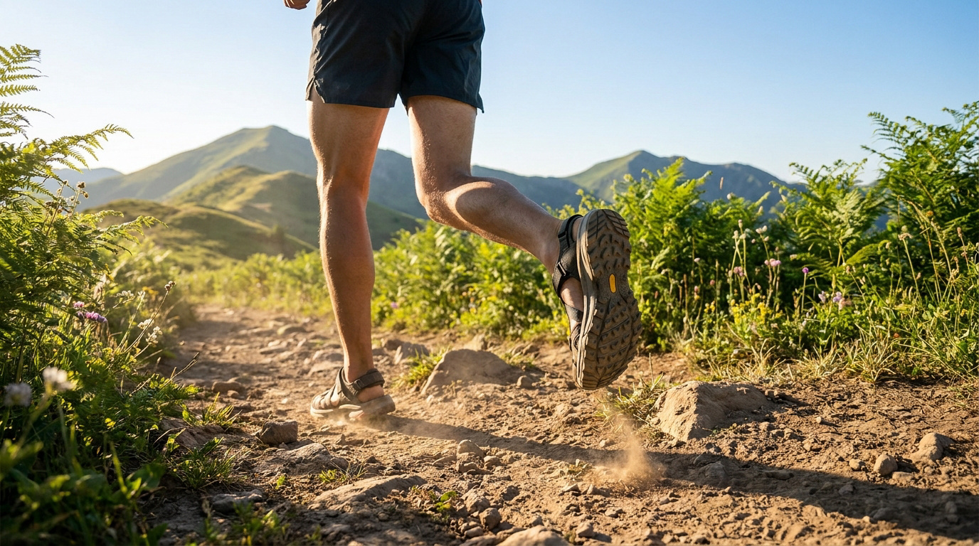 Coureur en sandales de trail sur un sentier montagneux, illustrant la foulée naturelle et l'agilité.