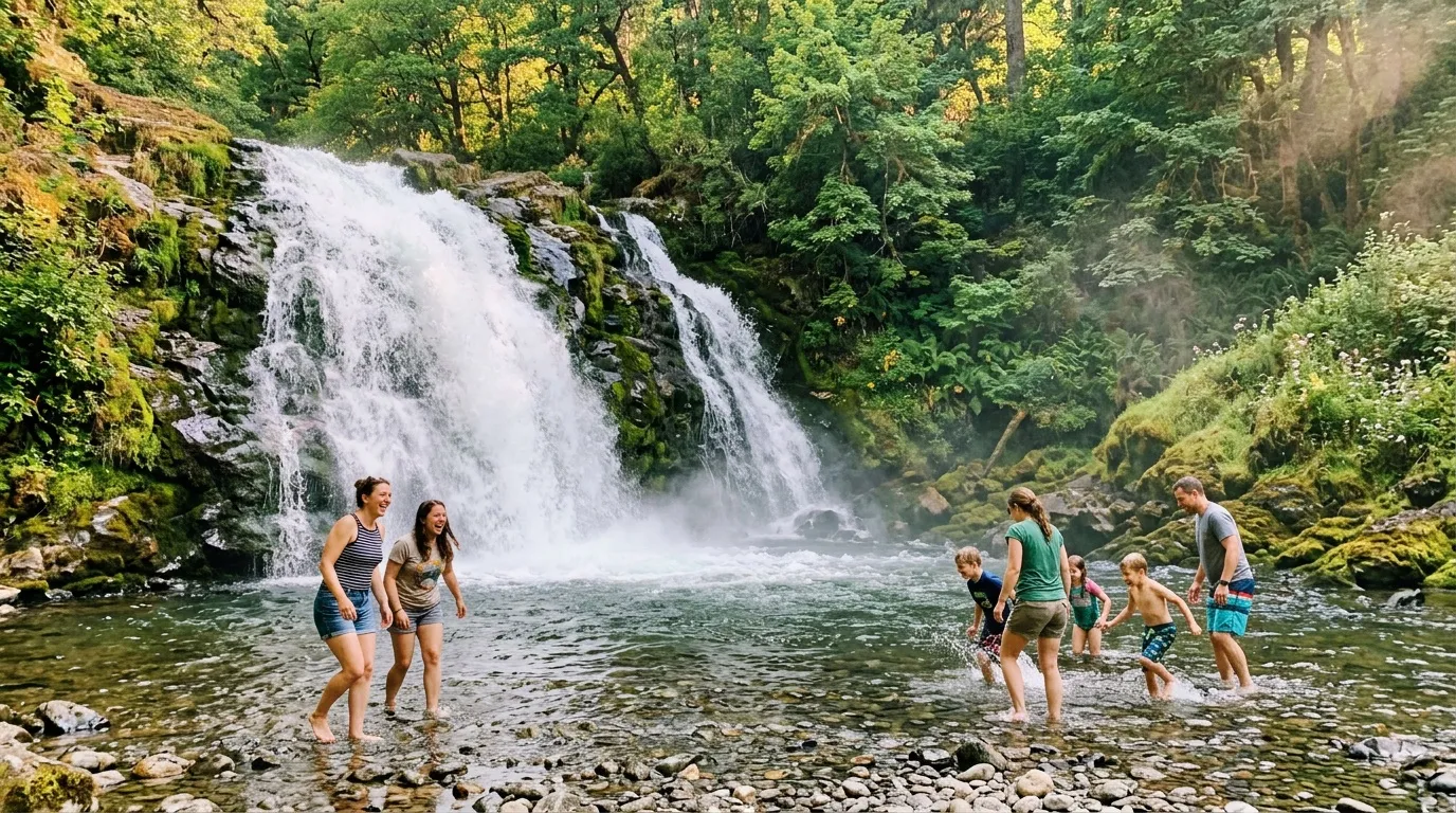 Famille jouant dans l'eau pr&egrave;s d'une cascade en for&ecirc;t