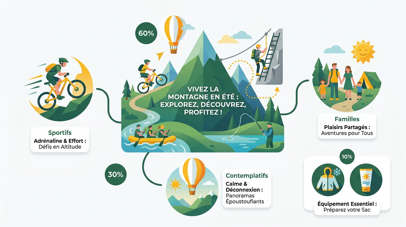 Famille pratiquant des activités de plein air en montagne durant l'été
