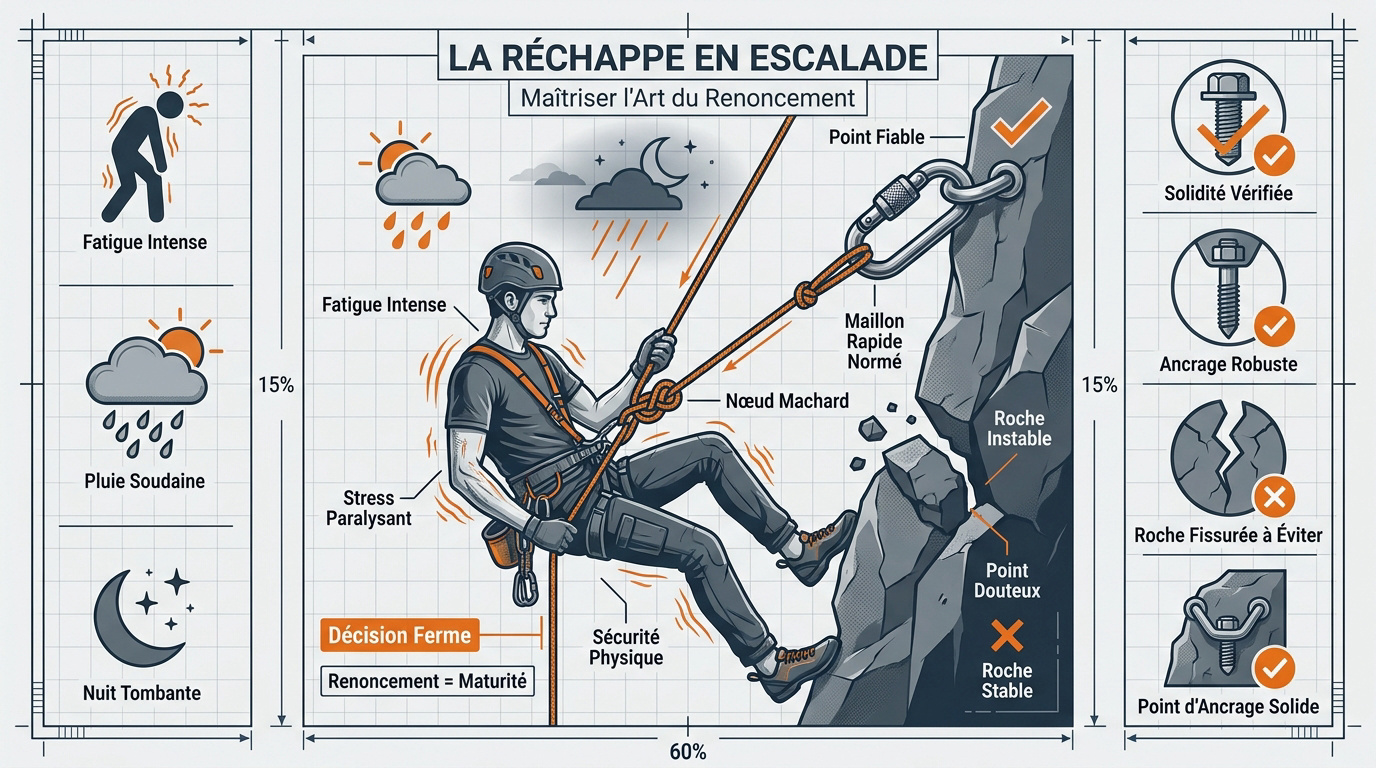Grimpeur en paroi pr&eacute;parant une man&oelig;uvre de r&eacute;chappe s&eacute;curis&eacute;e