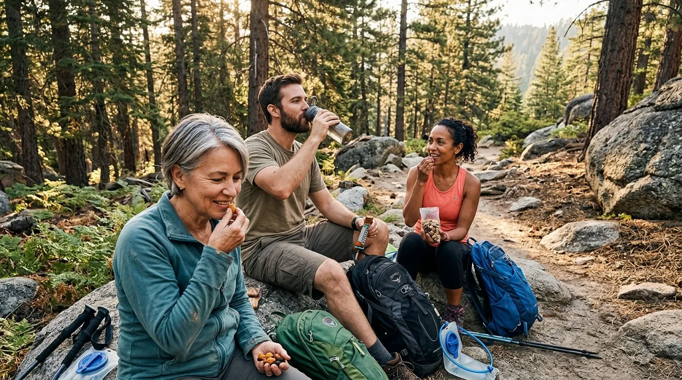 Trois randonneurs prennent un repos dans une for&ecirc;t de pins