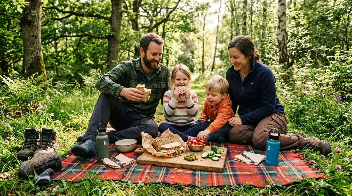 Famille heureuse pique-niquant sur couverture &eacute;cossaise en for&ecirc;t