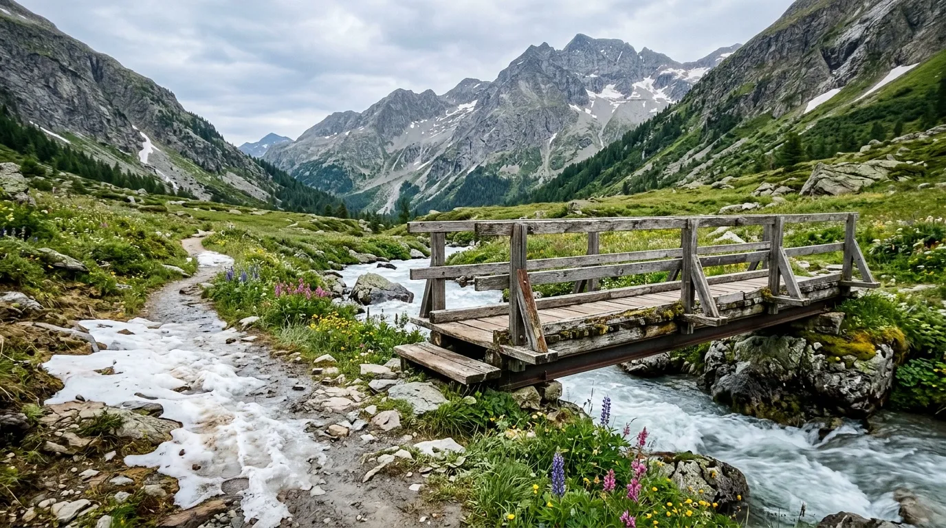 Pont en bois franchissant un torrent dans une vallée alpine verdoyante
