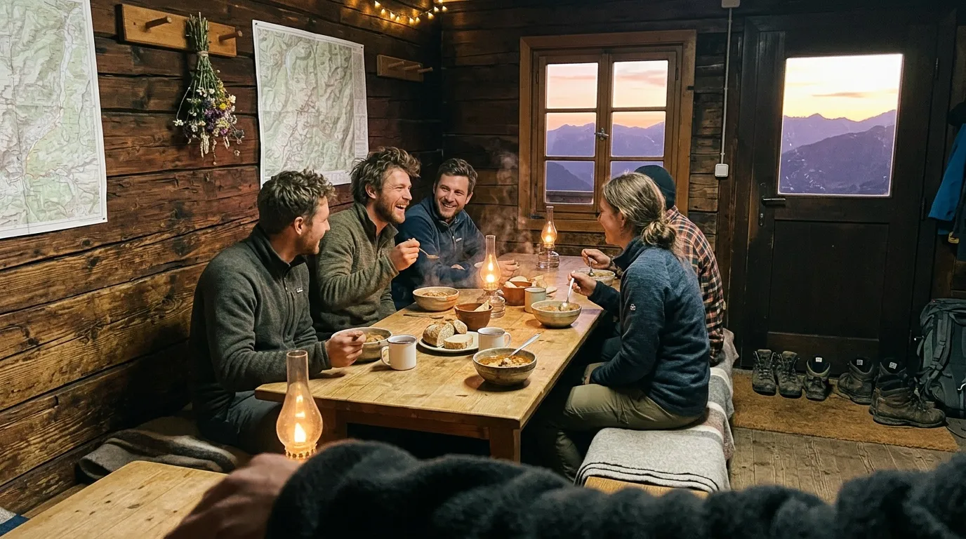 Cinq personnes dînent ensemble dans un chalet de montagne au coucher de soleil.