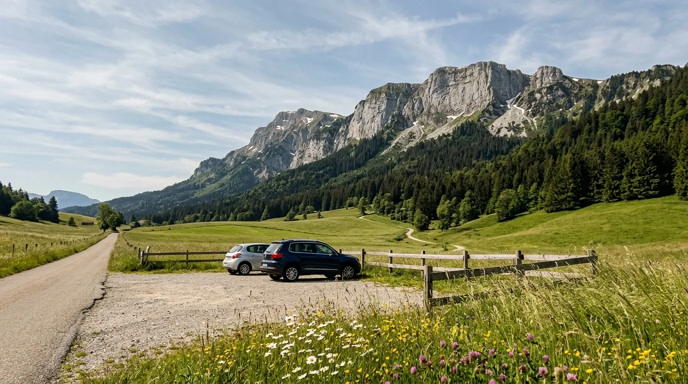Voiture gar&eacute;e dans vall&eacute;e verte avec montagnes rocheuses