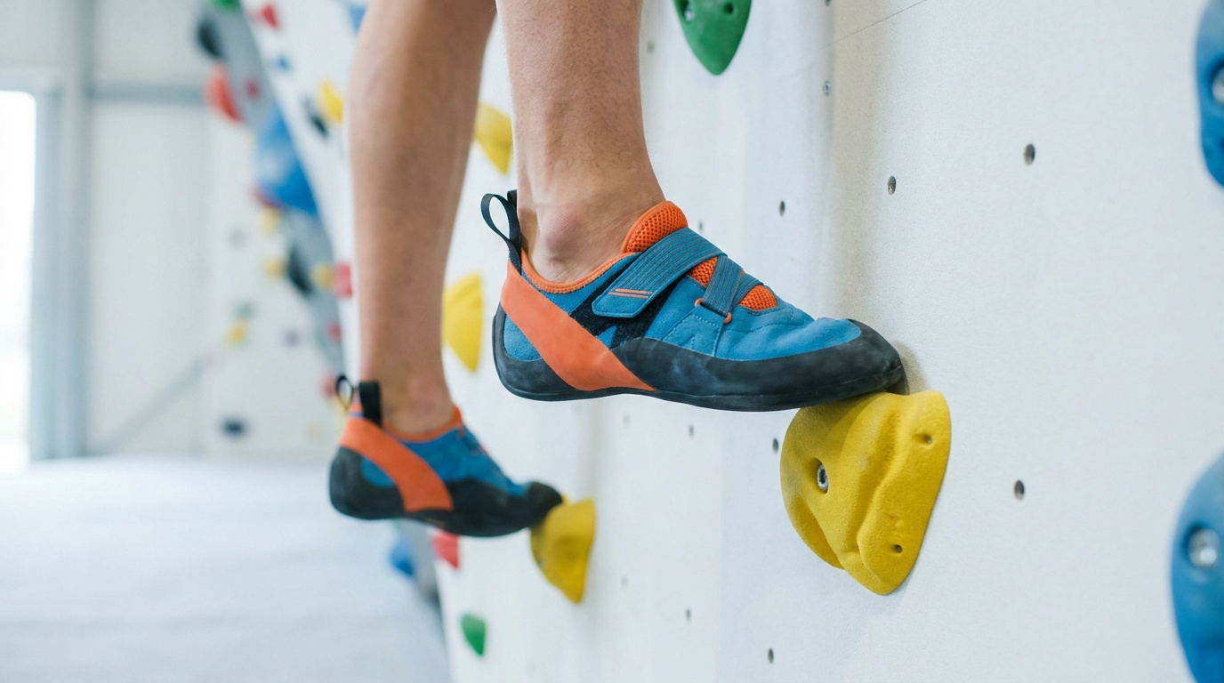 Gros plan sur les pieds d'un grimpeur posés sur des prises d'escalade colorées sur un mur en salle.