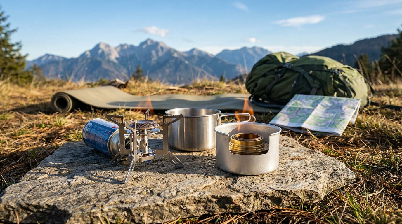 Un réchaud à gaz et un réchaud à alcool posés sur une roche en montagne avec un sac à dos et une carte.