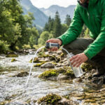Un randonneur en veste verte utilise un filtre à eau portable au bord d'un torrent de montagne.