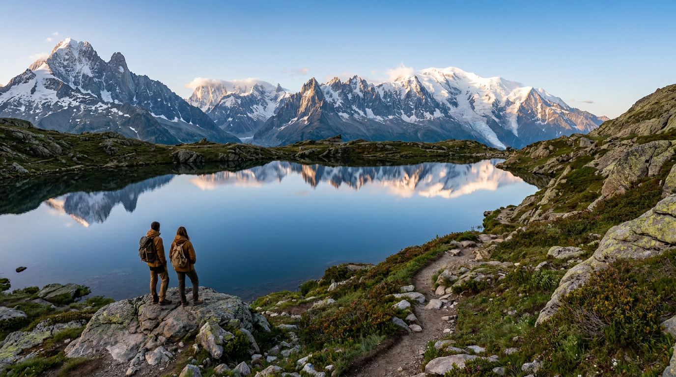 Deux randonneurs admirant le reflet du massif du Mont-Blanc dans les eaux calmes du Lac Blanc à Chamonix.