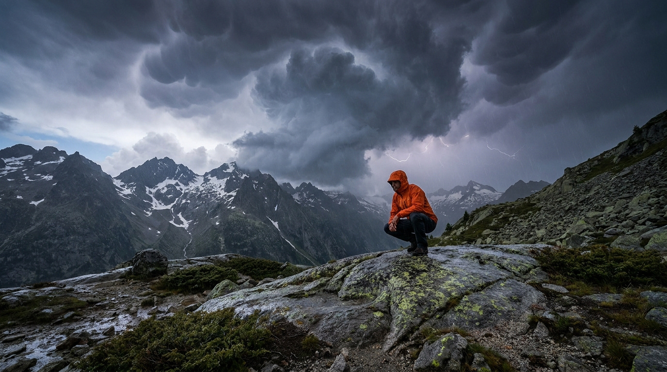 Randonneur en veste orange accroupi sur un rocher face à un orage menaçant au-dessus des Alpes.