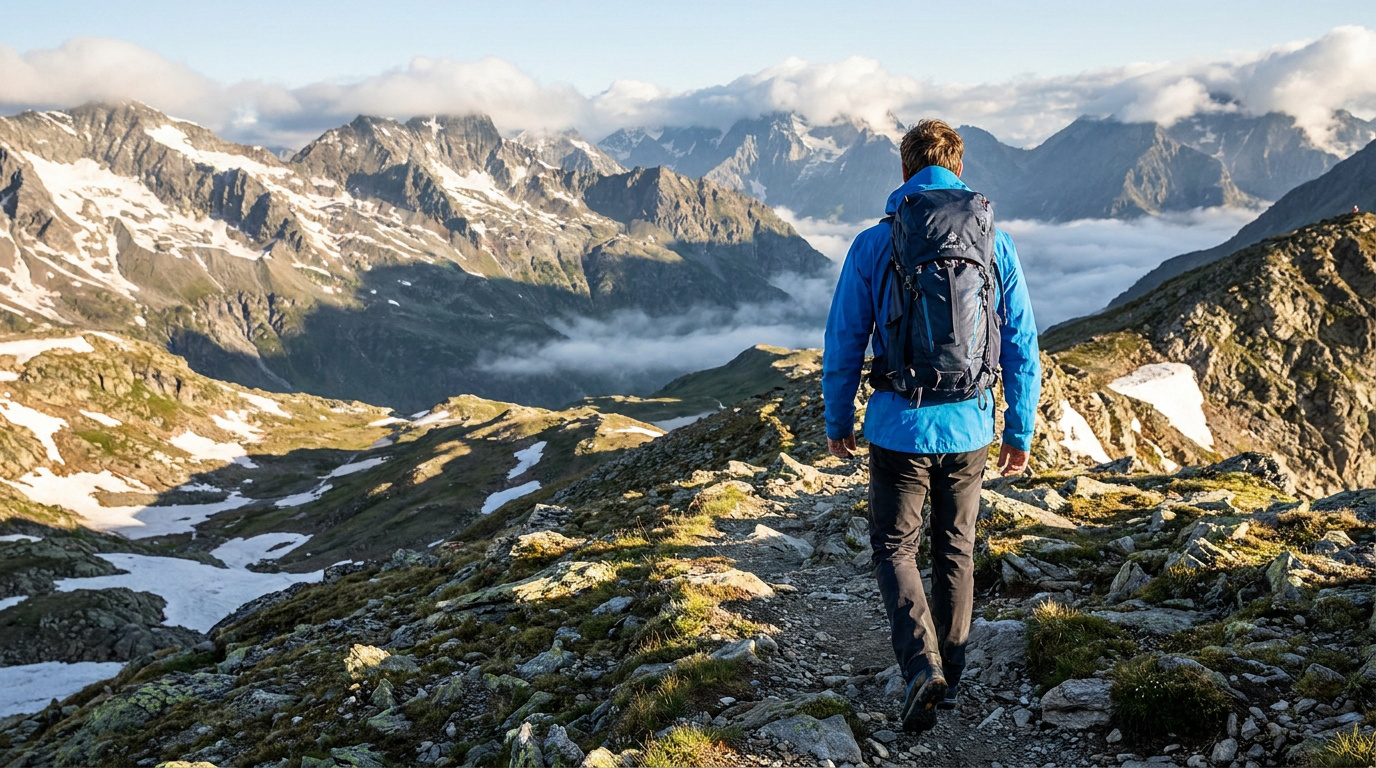 Un randonneur portant une veste bleue et un sac à dos marche sur un sentier face à un panorama de sommets enneigés.