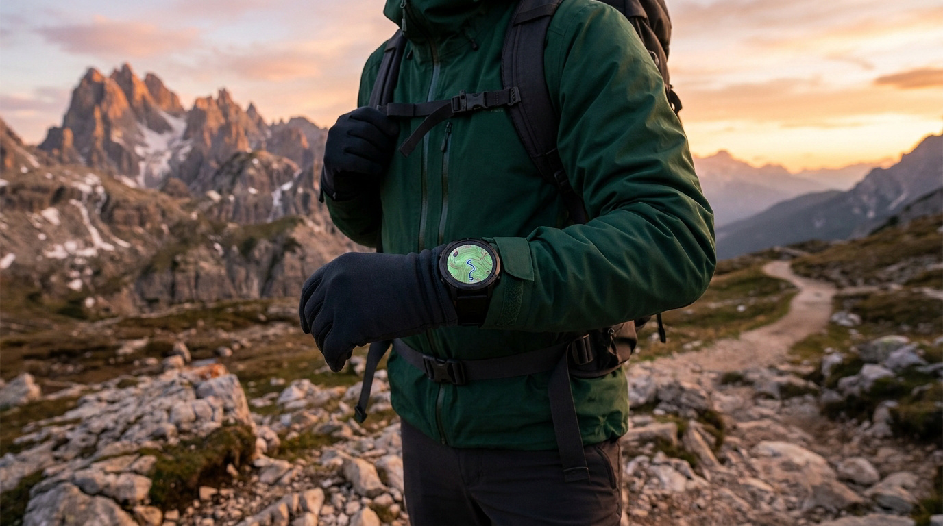 Randonneur en tenue d'hiver vérifiant sa montre GPS avec une carte topographique au poignet dans un paysage montagneux.