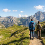 Un homme et une femme avec des sacs à dos font face à un panorama montagneux spectaculaire dans le parc du Mercantour.