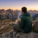 Un randonneur mange un plat lyophilisé chaud en admirant un coucher de soleil sur des montagnes majestueuses.