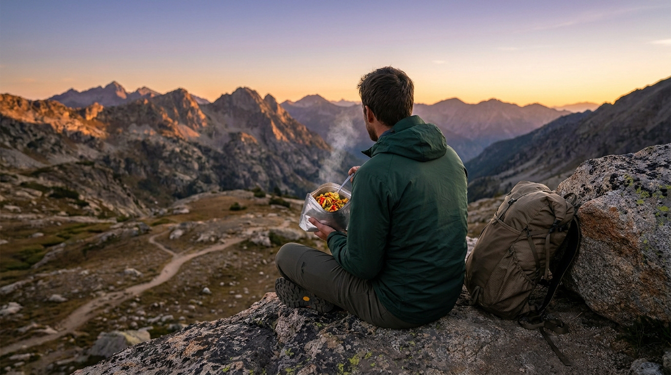Un randonneur mange un plat lyophilisé chaud en admirant un coucher de soleil sur des montagnes majestueuses.