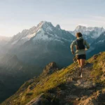Coureur de trail vu de dos sur un sentier alpin avec sommets enneigés en arrière-plan