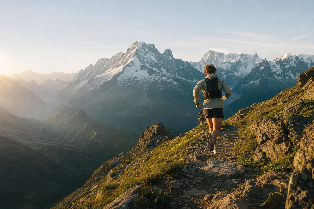 Coureur de trail vu de dos sur un sentier alpin avec sommets enneigés en arrière-plan