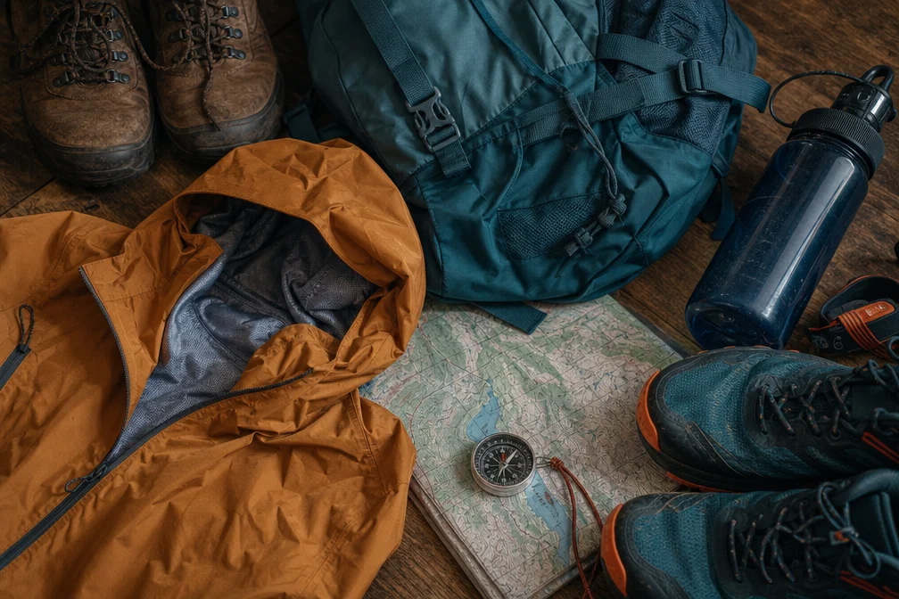 &Eacute;quipement de trail running : veste imperm&eacute;able, chaussures et sac &agrave; dos pr&ecirc;ts pour la course