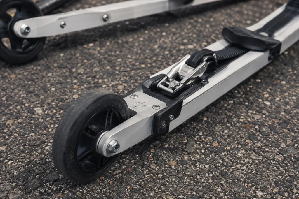 Gros plan sur le cadre et les roues d’une paire de skis roues