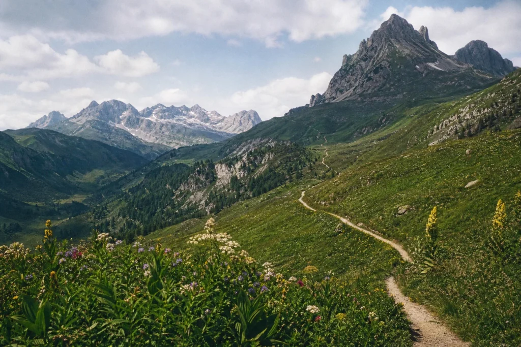 Paysage naturel pr&eacute;serv&eacute; de montagne avec sentier serpentant entre vall&eacute;es verdoyantes