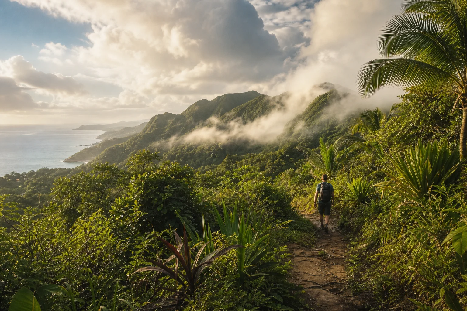 Sentier de randonnée tropical serpentant à travers une forêt luxuriante en Guadeloupe