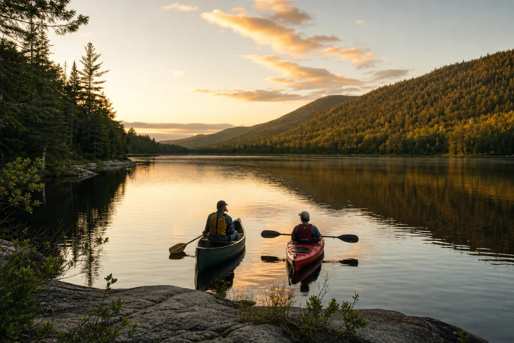 Un canoë et un kayak posés côte à côte sur un lac calme au coucher du soleil
