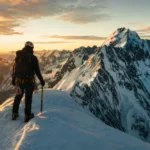 Alpiniste de dos équipé face à une crête enneigée au lever du jour