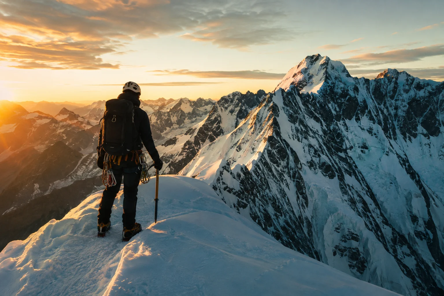 Alpiniste de dos équipé face à une crête enneigée au lever du jour