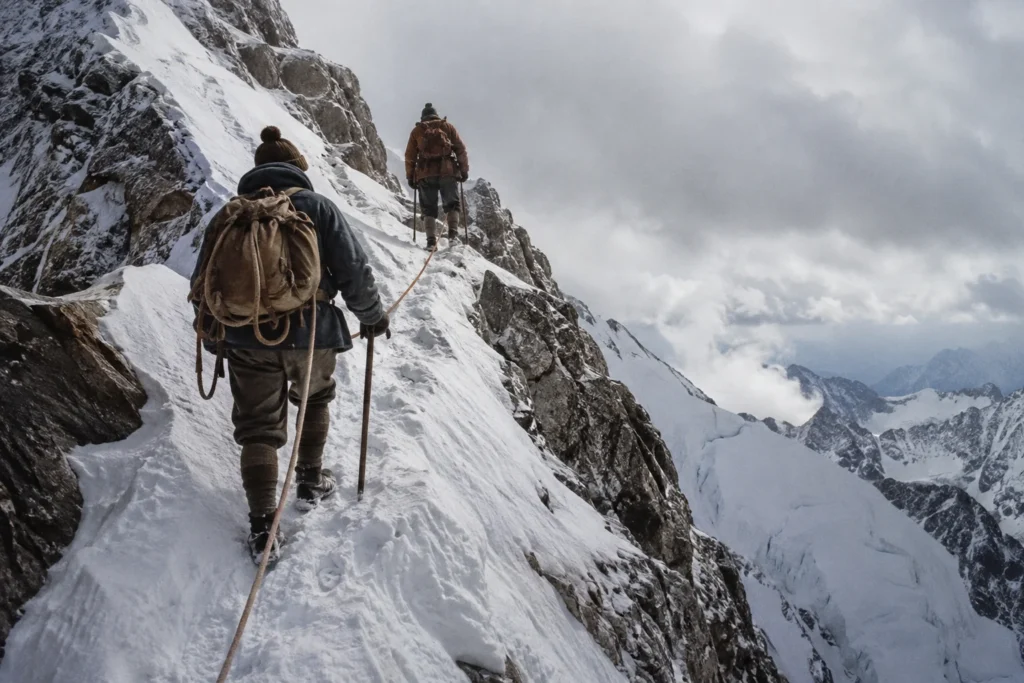 Cordée d'alpinistes en tenue d'époque gravissant une arête glacée en haute montagne