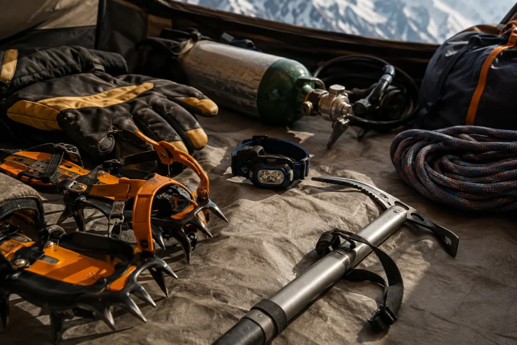 Équipement d'alpinisme de haute altitude préparé avant une expédition : crampons, corde et bouteille d'oxygène